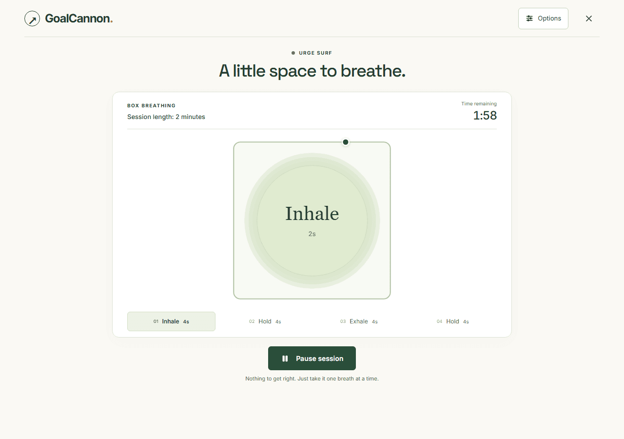 Current Urge Surf screen with a sage breathing circle, a moving dot around the box, remaining time, and a pause button
